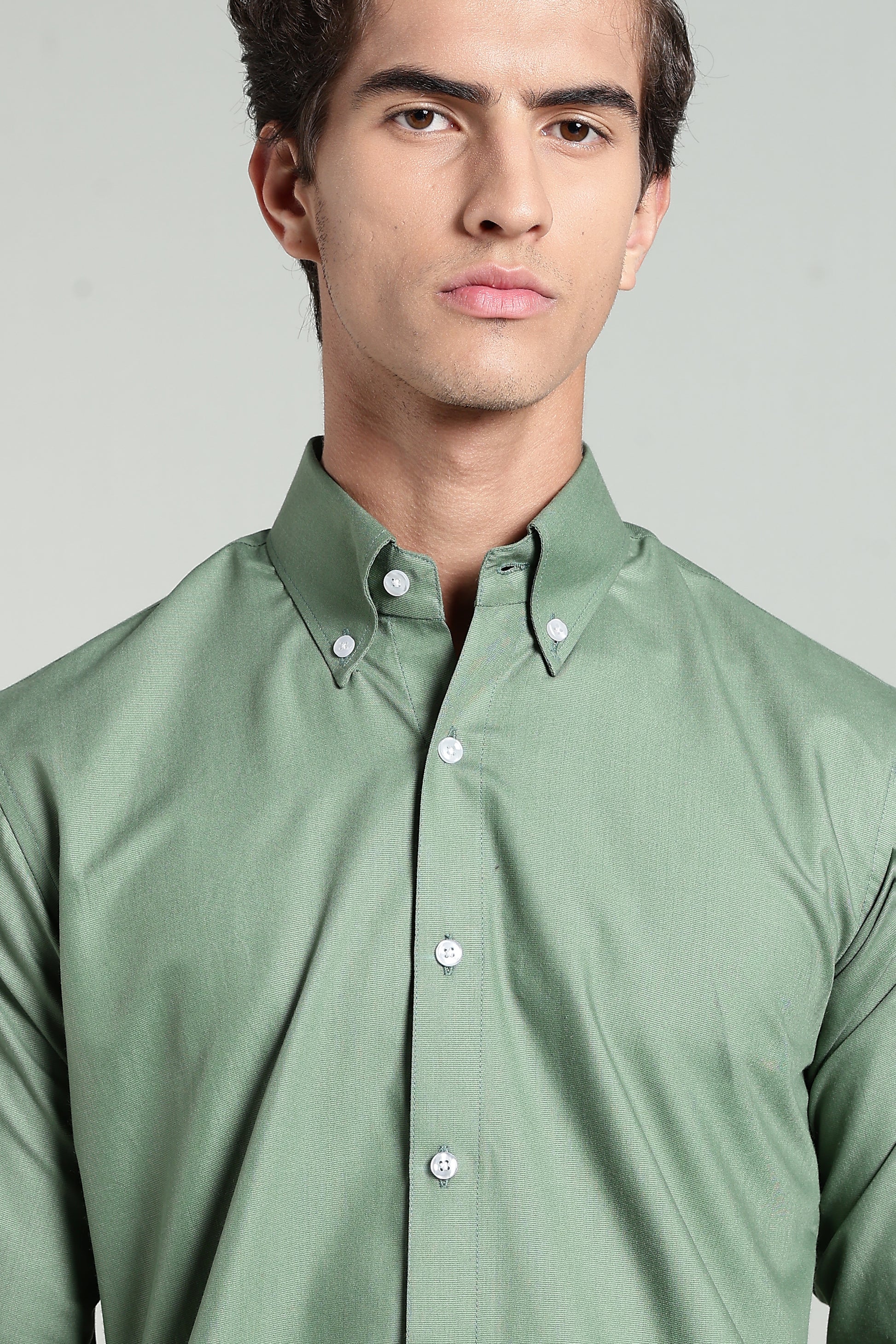 Olive Green Blended Cotton - Button Down Collar - Full Sleave Shirt