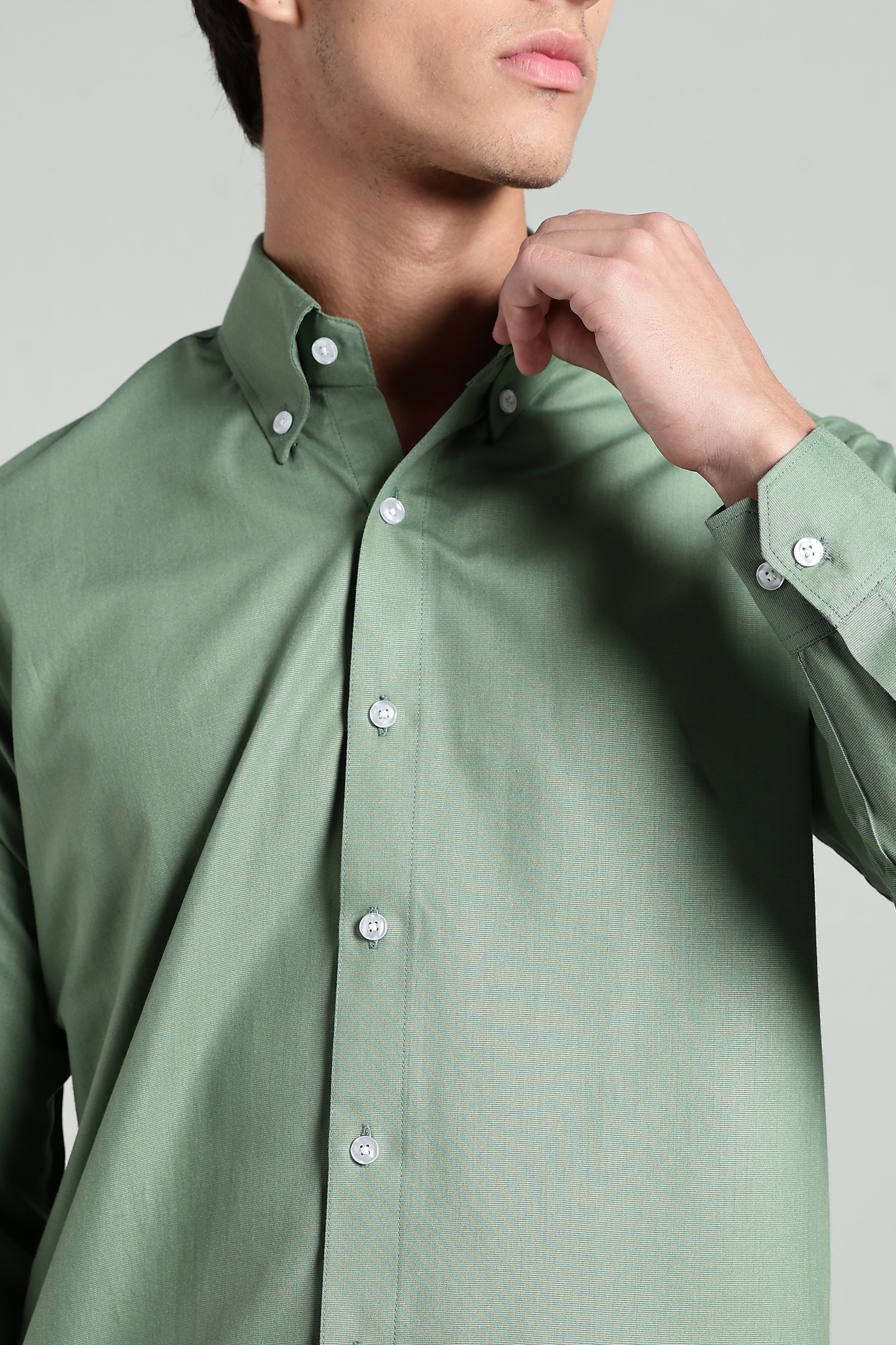 Olive Green Blended Cotton - Button Down Collar - Full Sleave Shirt