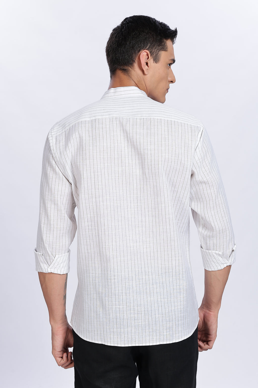 Linen Mandarin Collar Shirt – Light Sage Vertical Stripes