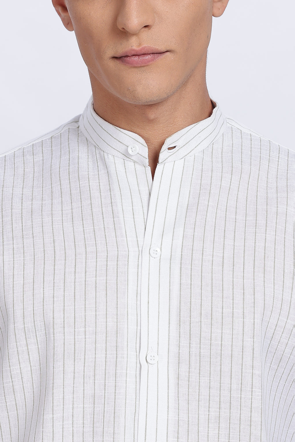 Linen Mandarin Collar Shirt – Light Sage Vertical Stripes