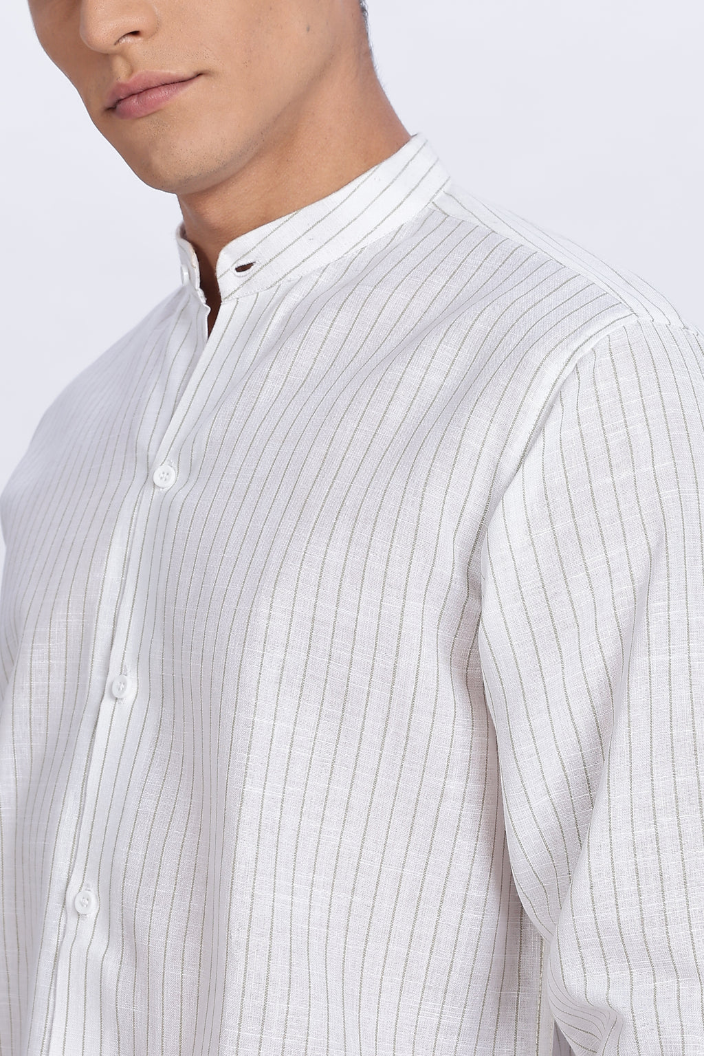 Linen Mandarin Collar Shirt – Light Sage Vertical Stripes