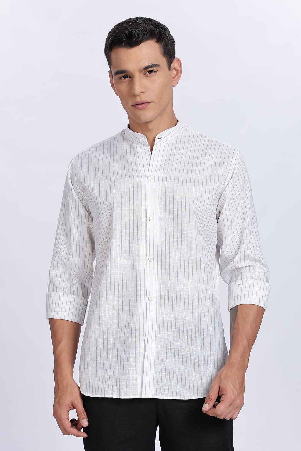 Linen Mandarin Collar Shirt – Light Sage Vertical Stripes