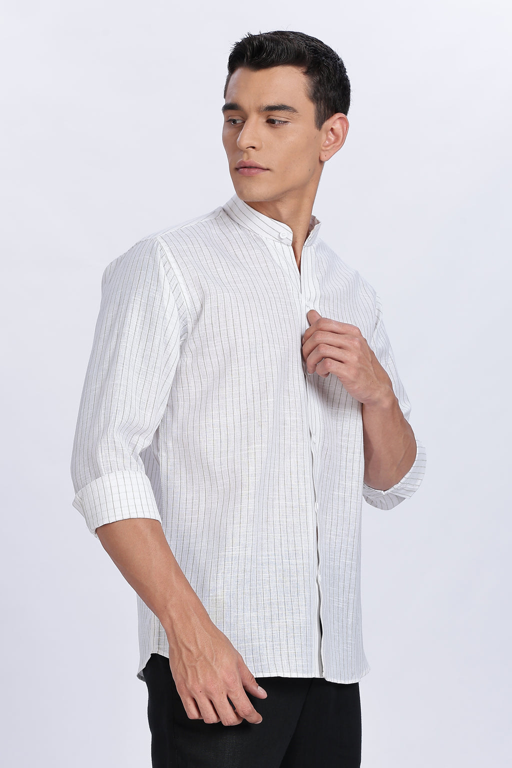 Linen Mandarin Collar Shirt – Light Sage Vertical Stripes