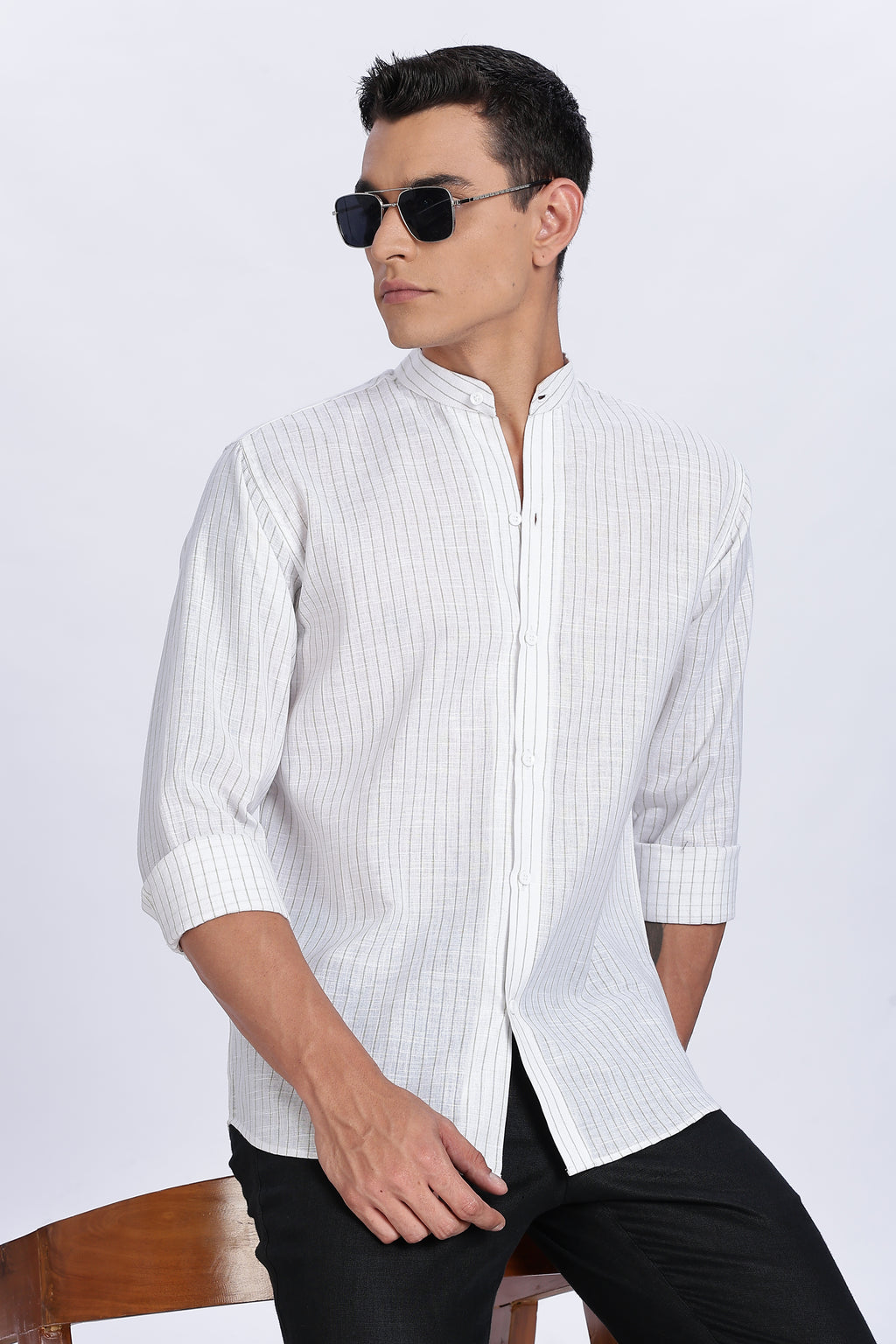 Linen Mandarin Collar Shirt – Light Sage Vertical Stripes