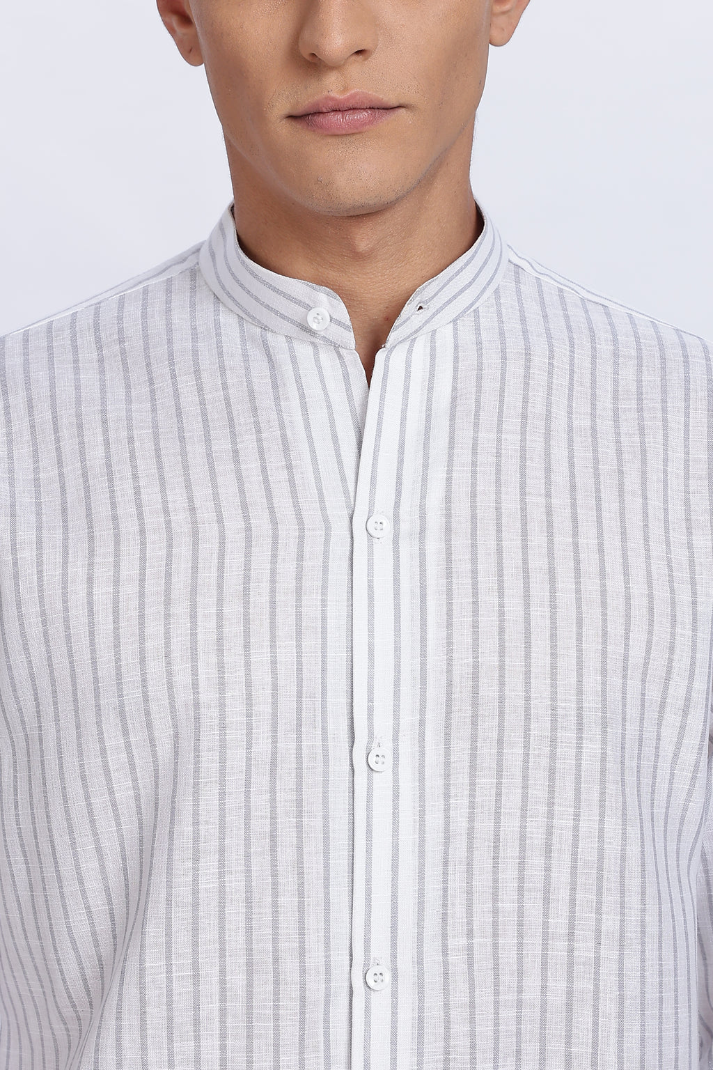 Linen Mandarin Collar Shirt – Light Grey Vertical Stripes
