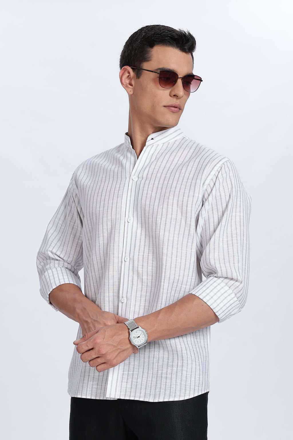 Linen Mandarin Collar Shirt – Light Grey Vertical Stripes