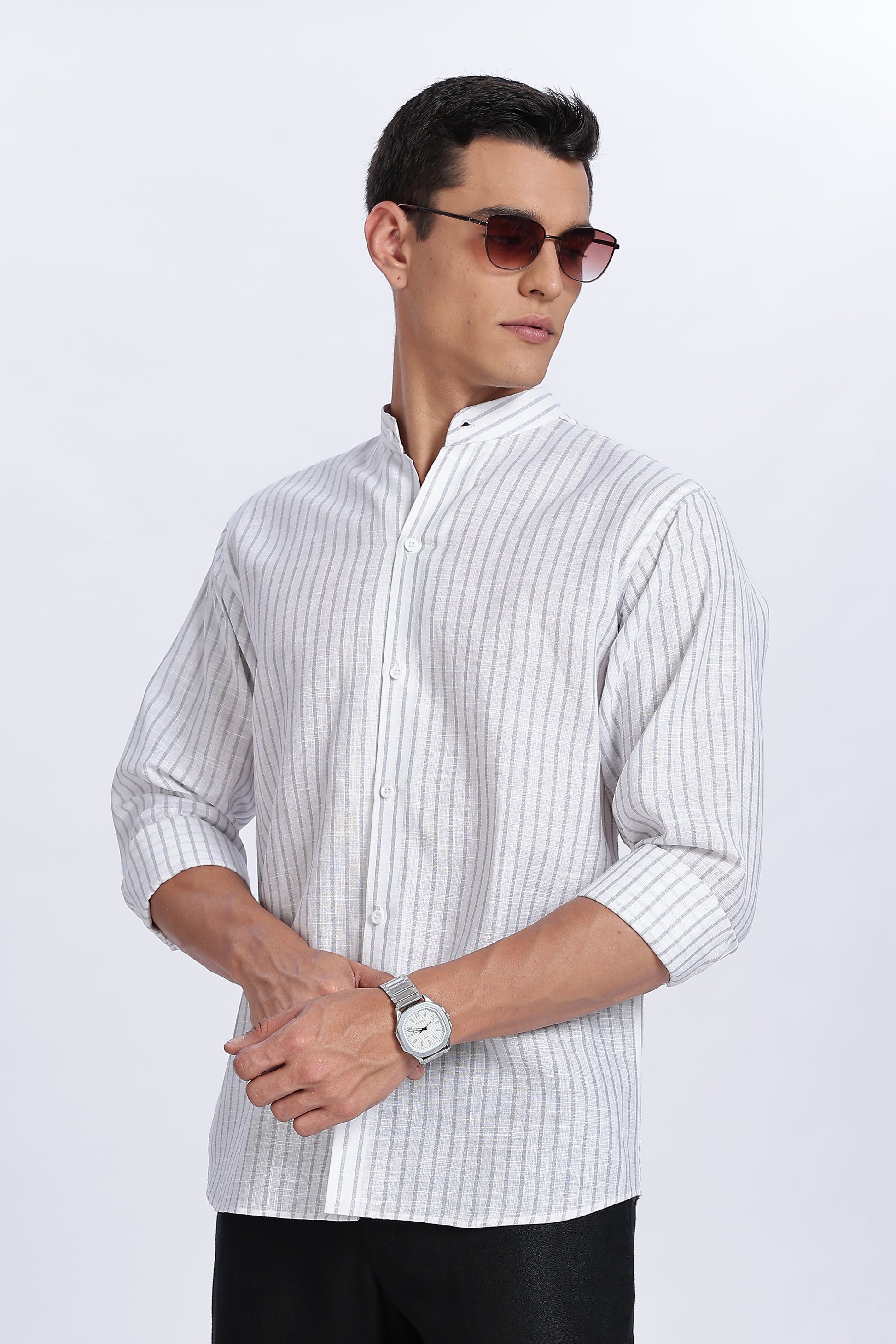 Linen Mandarin Collar Shirt – Light Grey Vertical Stripes – EMRIS