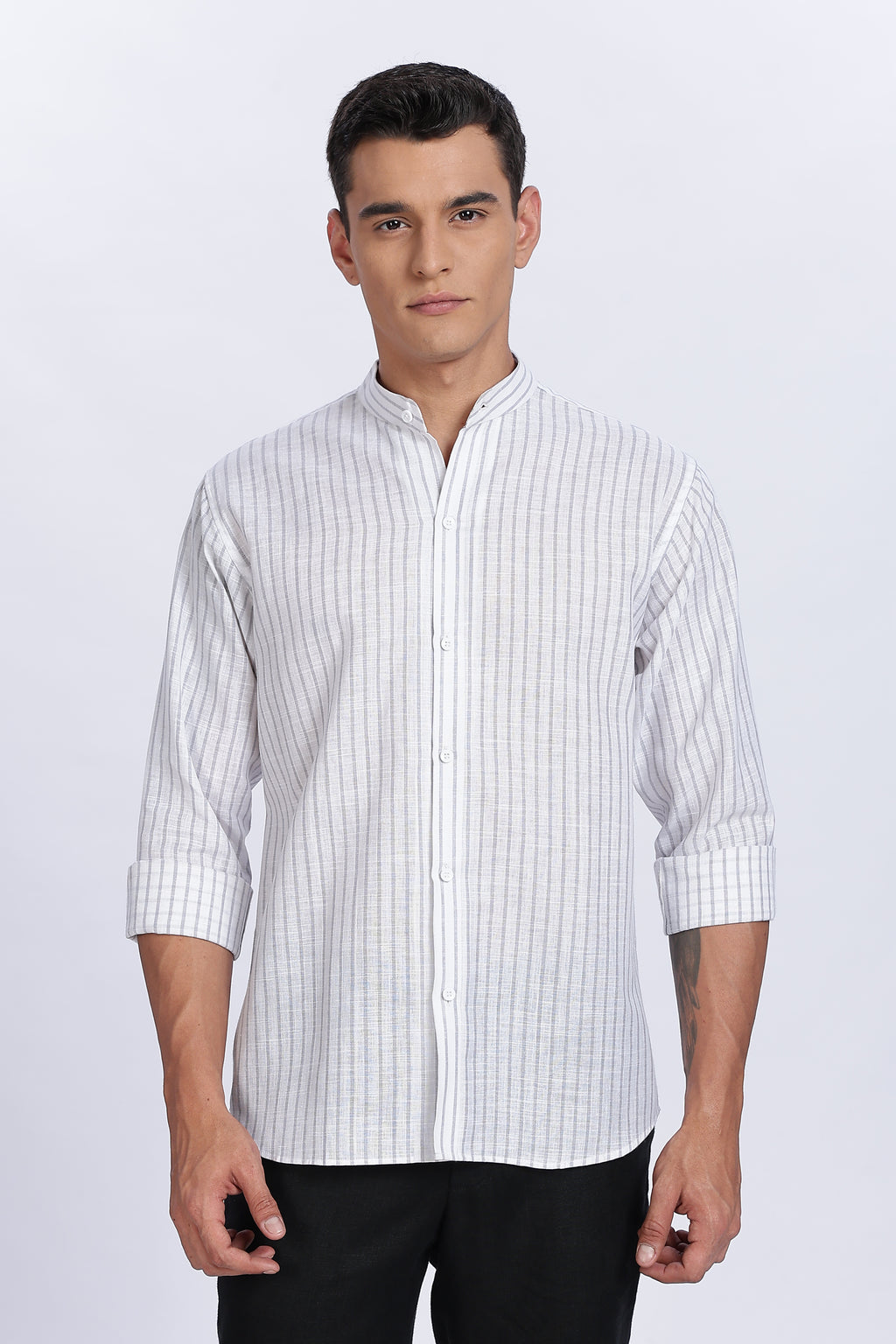 Linen Mandarin Collar Shirt – Light Grey Vertical Stripes