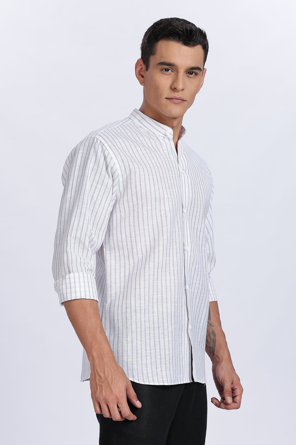 Linen Mandarin Collar Shirt – Light Grey Vertical Stripes