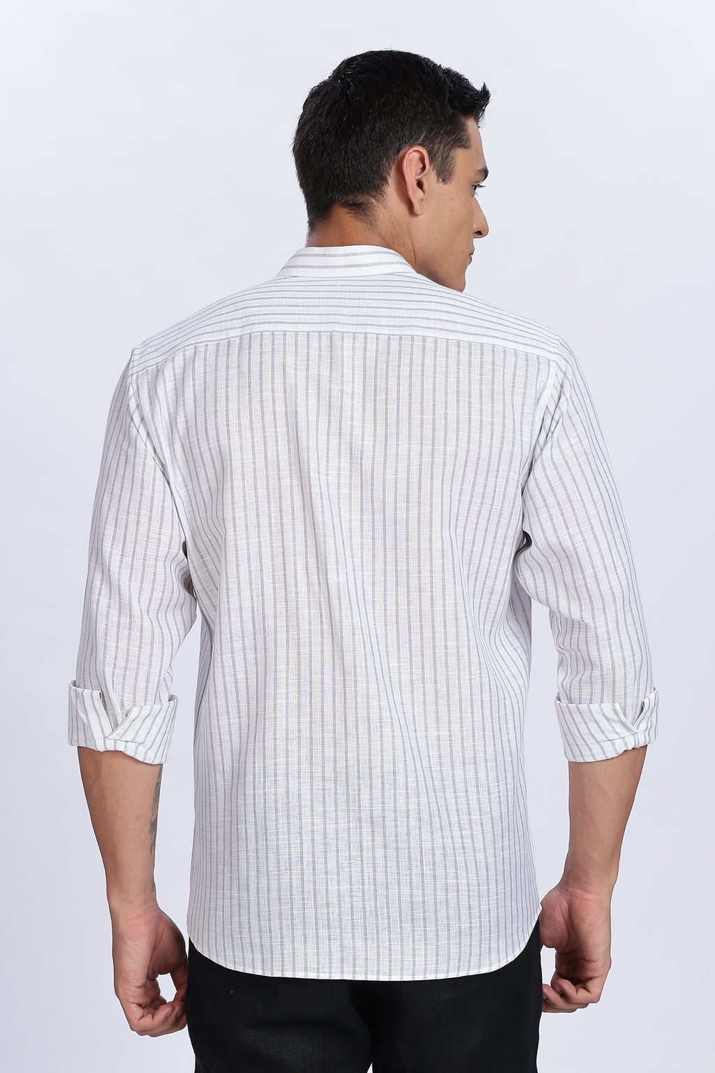 Linen Mandarin Collar Shirt – Light Grey Vertical Stripes