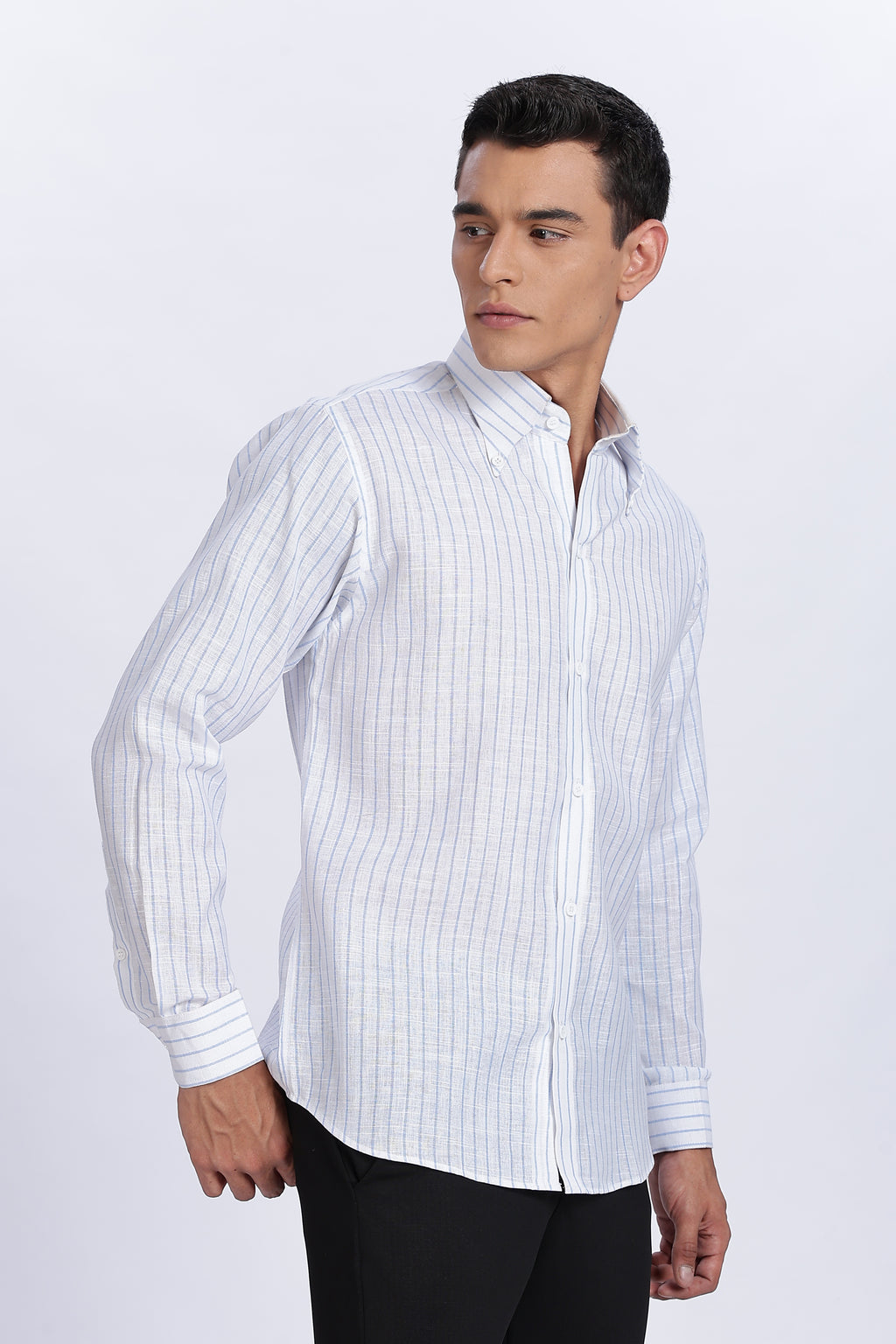 Old Money Classic Linen Shirt - Light Blue Vertical Stripe