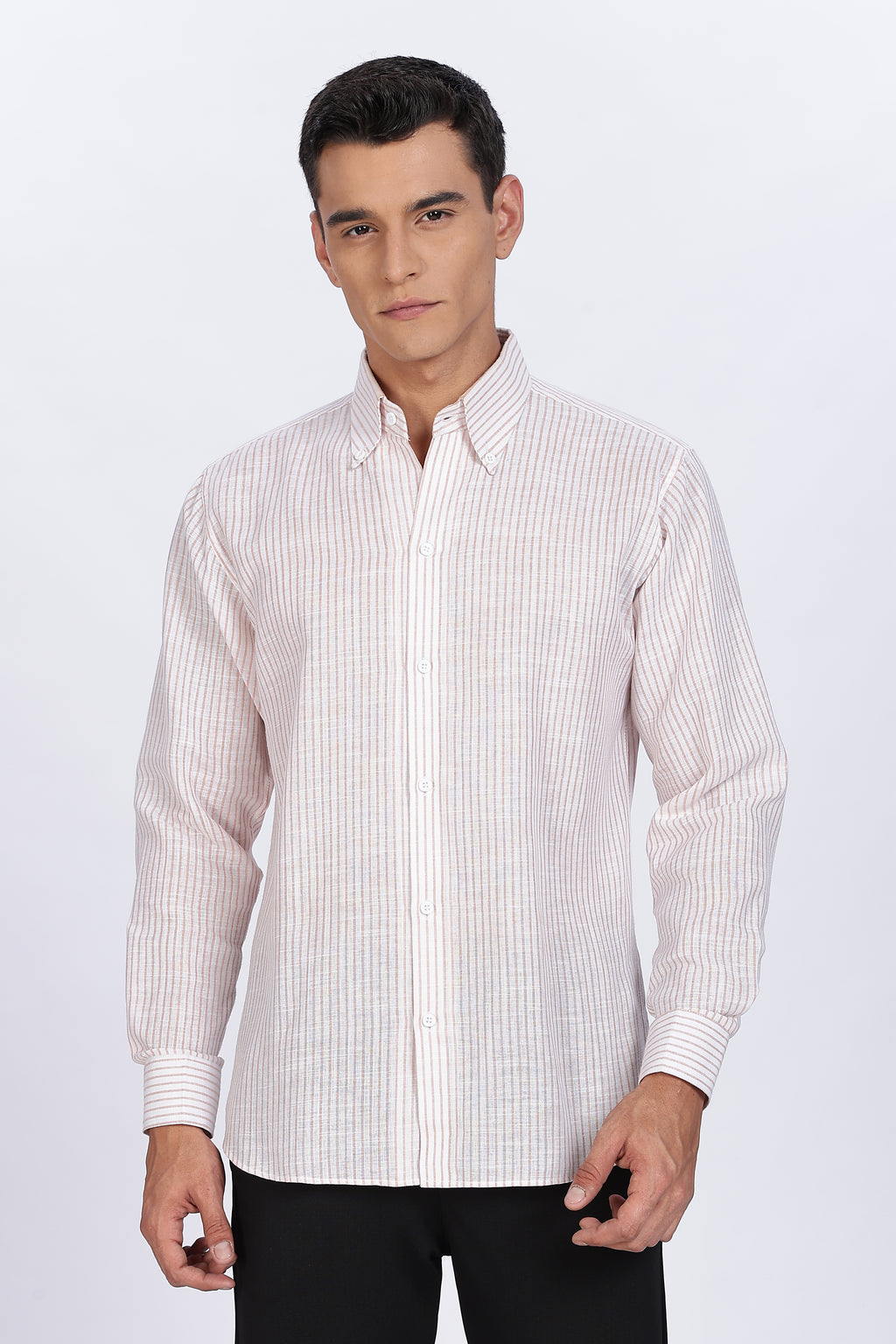 Old Money Classic Linen Shirt - Muted Rose Vertical Stripe