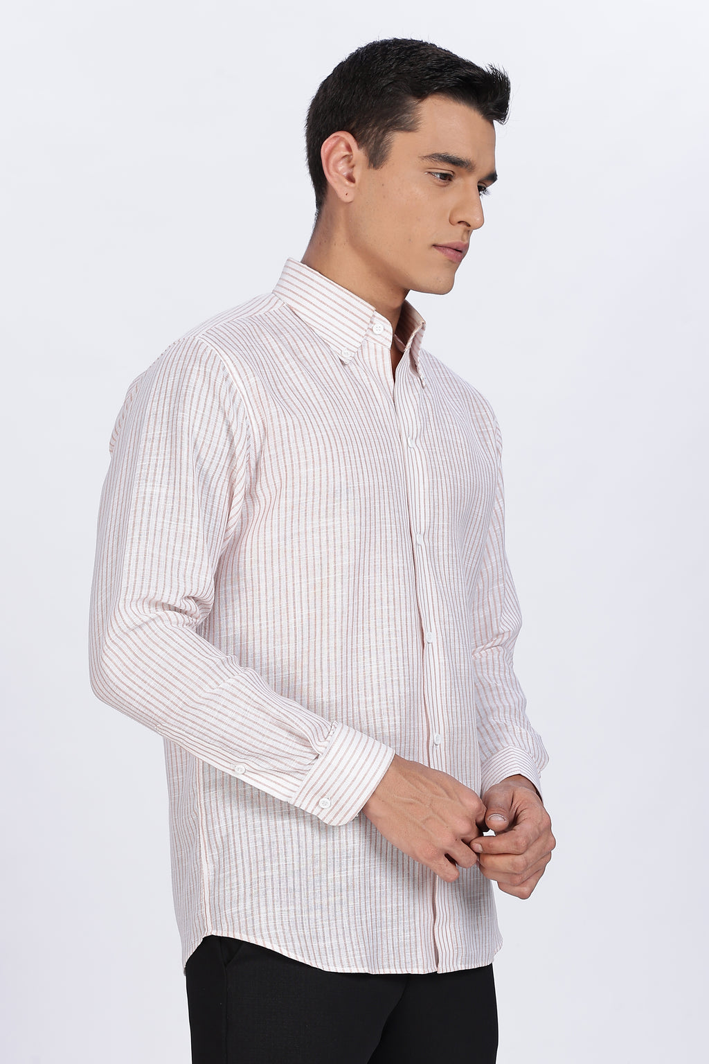 Old Money Classic Linen Shirt - Muted Rose Vertical Stripe