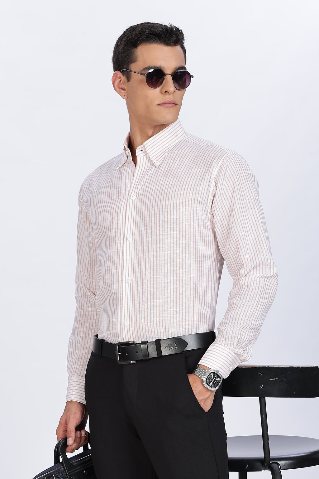Old Money Classic Linen Shirt - Muted Rose Vertical Stripe